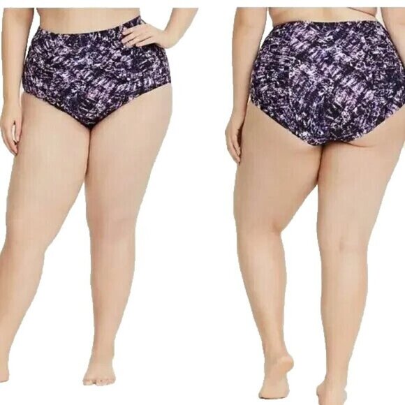 Torrid Swim Bikini Bottom Plus Size 1X New Purple Black Print Ruched Slimming - Picture 2 of 7